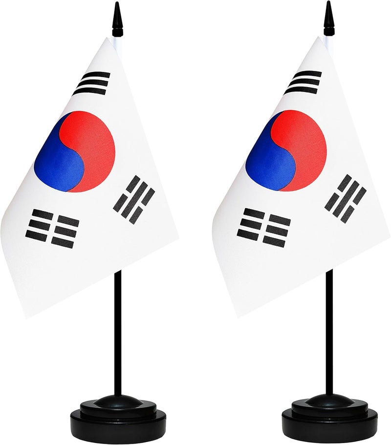 BCLin Korea Desk Flag Set, 2 Pack Korean Table Office Flags, Small Mini Desktop Flag With 12" Solid Black Pole, Black Base, Miniature Desktop Flag - Image 1